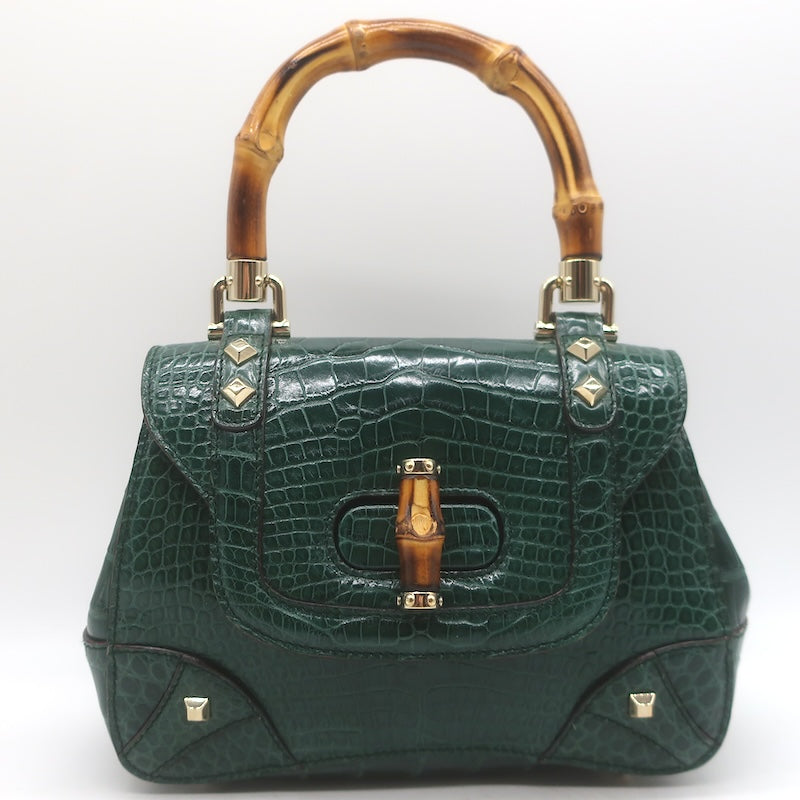 Gucci Crocodile Mini Bamboo Top Handle Bag Emerald