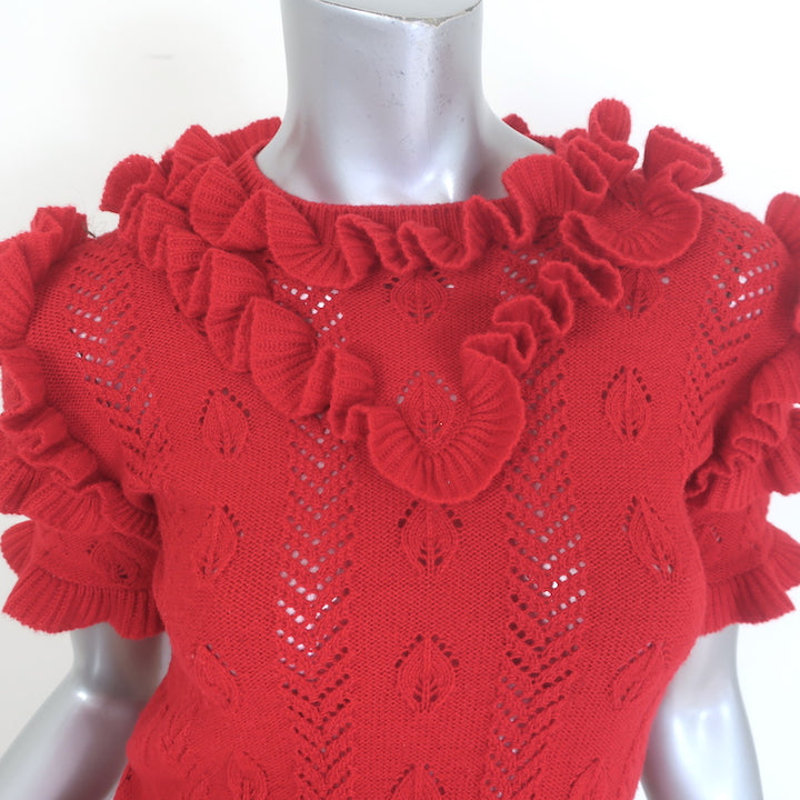Gucci ruffled pointelle knit short-sleeve sweater in red wool, authentic pre-owned, size M