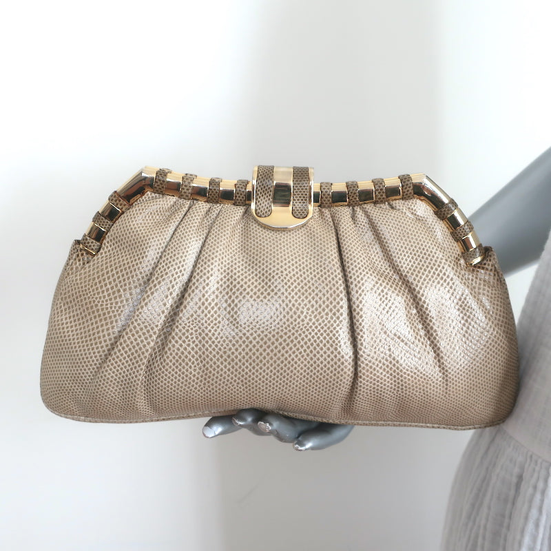 Judith Leiber Lizard Clutch Beige Small Chain Strap Crossbody Bag