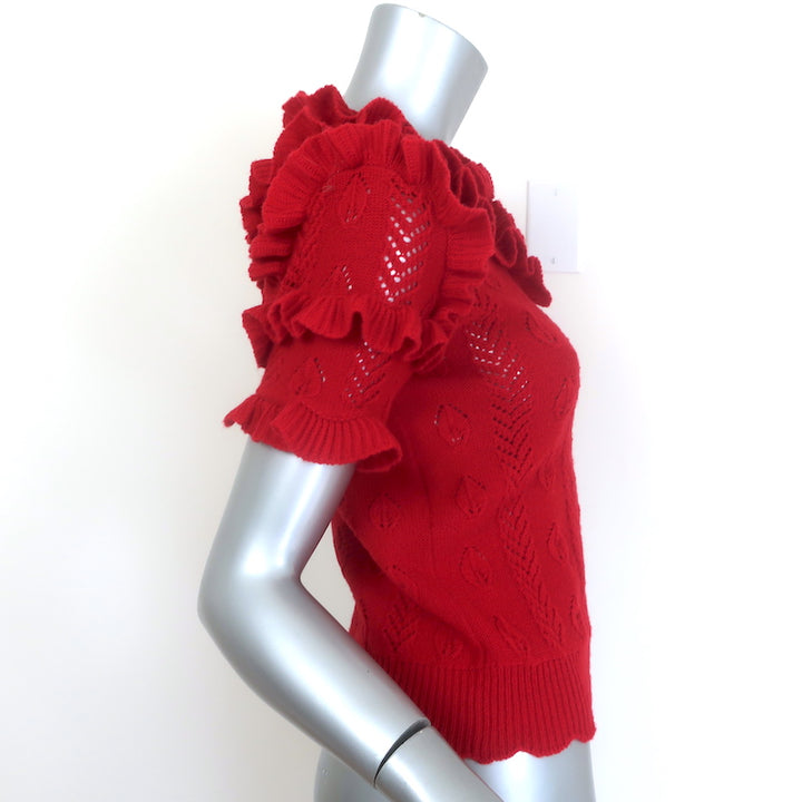 Gucci ruffled pointelle knit short-sleeve sweater in red wool, pre-owned and gently worn luxury piece, size M