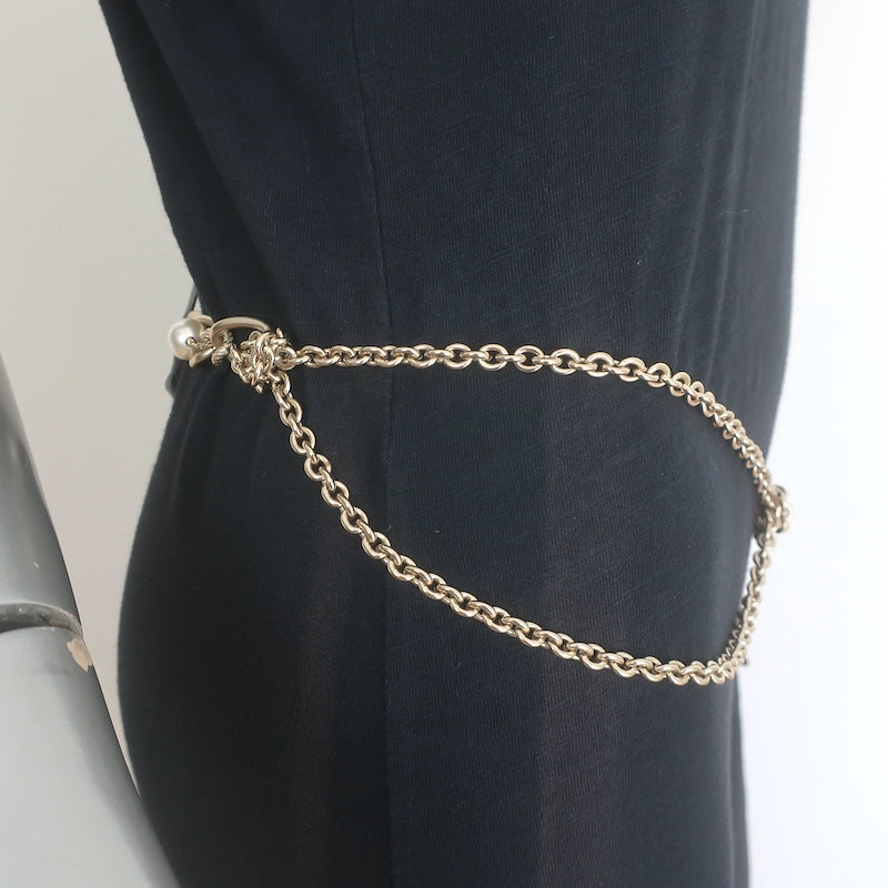 Chanel A18 Leather Bow &amp; Pearl-Embellished CC Chain Belt 36"  Brushed Gold NEW