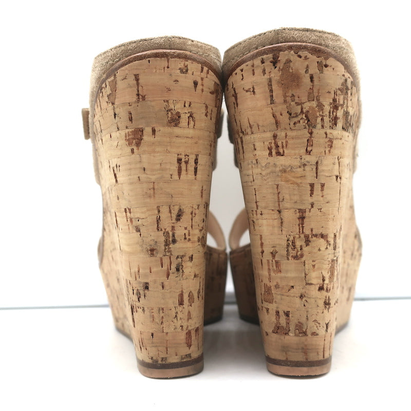 Gianvito Rossi Double Band Cork Platform Wedge Sandals Beige Suede Size 38