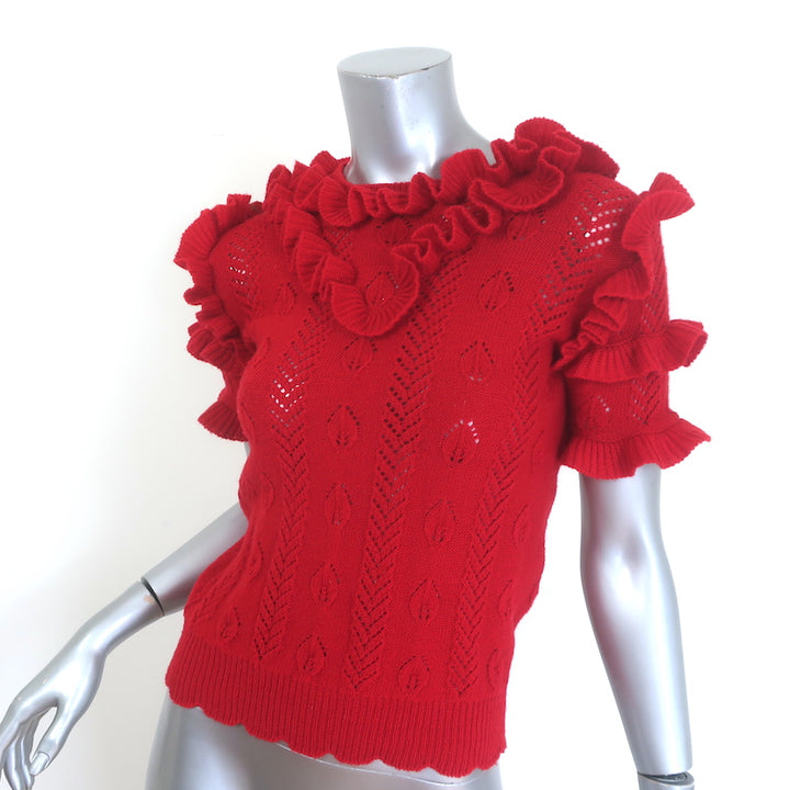 Gucci ruffled pointelle knit short-sleeve wool sweater in red — authentic pre-owned, gently worn, excellent condition