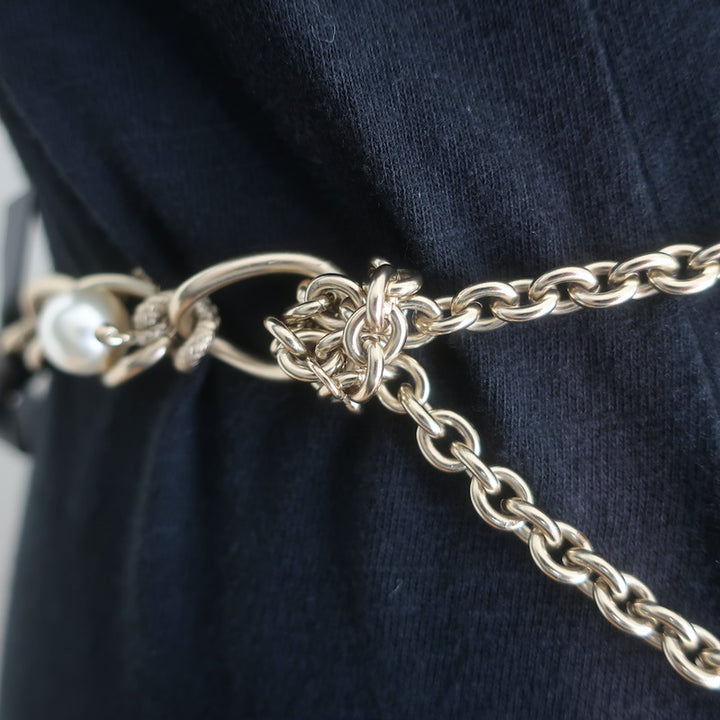 Chanel A18 Leather Bow &amp; Pearl-Embellished CC Chain Belt 36"  Brushed Gold NEW