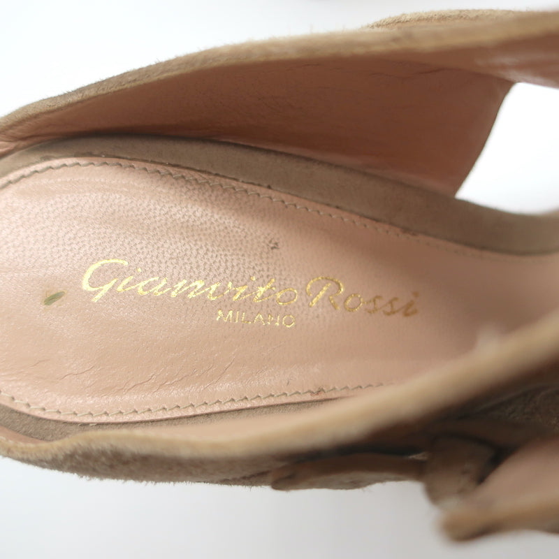 Gianvito Rossi Double Band Cork Platform Wedge Sandals Beige Suede Size 38