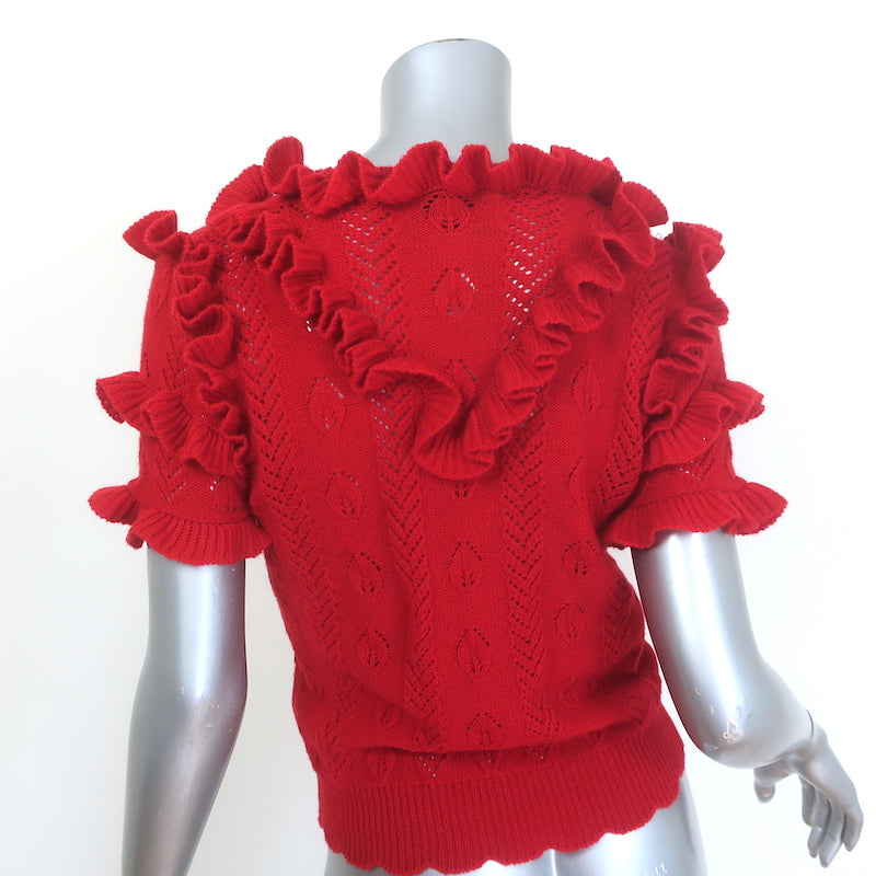 Authentic Gucci ruffled pointelle knit short-sleeve sweater in red wool, pre-owned, size M