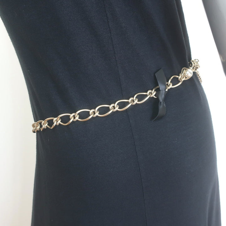 Chanel A18 Leather Bow &amp; Pearl-Embellished CC Chain Belt 36"  Brushed Gold NEW