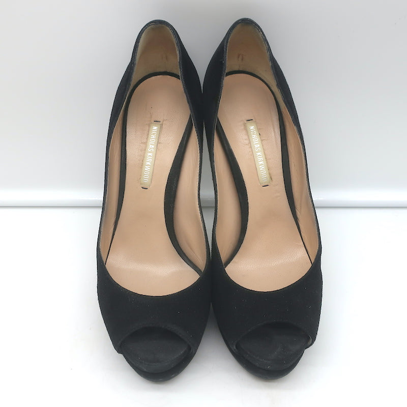 Nicholas Kirkwood Peep Toe Platform Pumps Black Suede Size 38