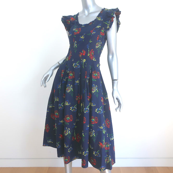 Ulla Johnson Camille Lace-Up Back Midi Dress Navy Floral Print Cotton Size 2 NEW
