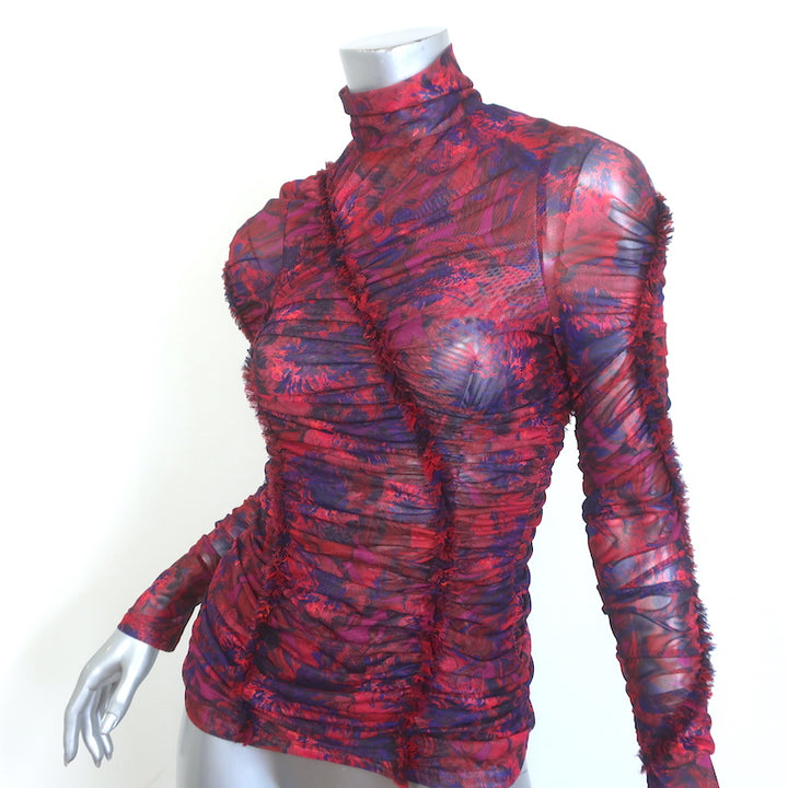 Cinq a Sept Ellianna Ruched Mesh Top Red/Purple Marble Print Size Medium