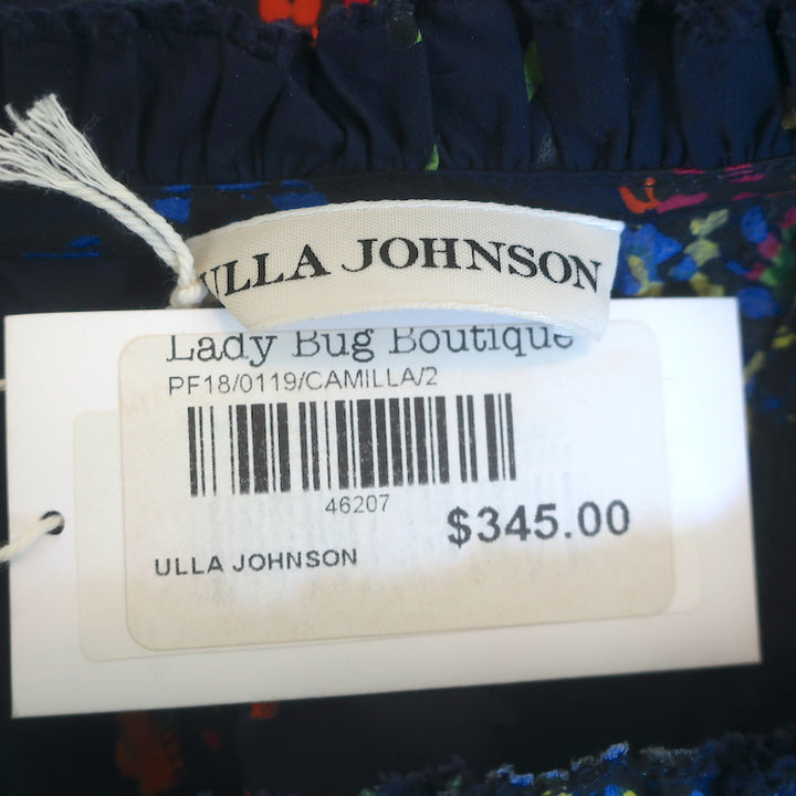 Ulla Johnson Camille Lace-Up Back Midi Dress Navy Floral Print Cotton Size 2 NEW