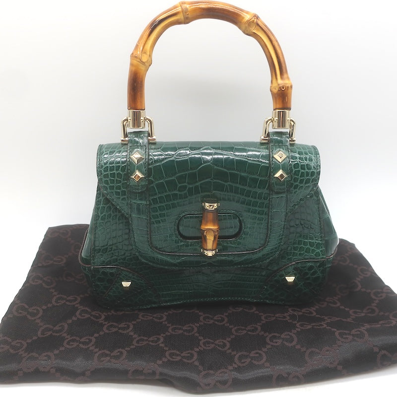 Gucci Crocodile Mini Bamboo Top Handle Bag Emerald