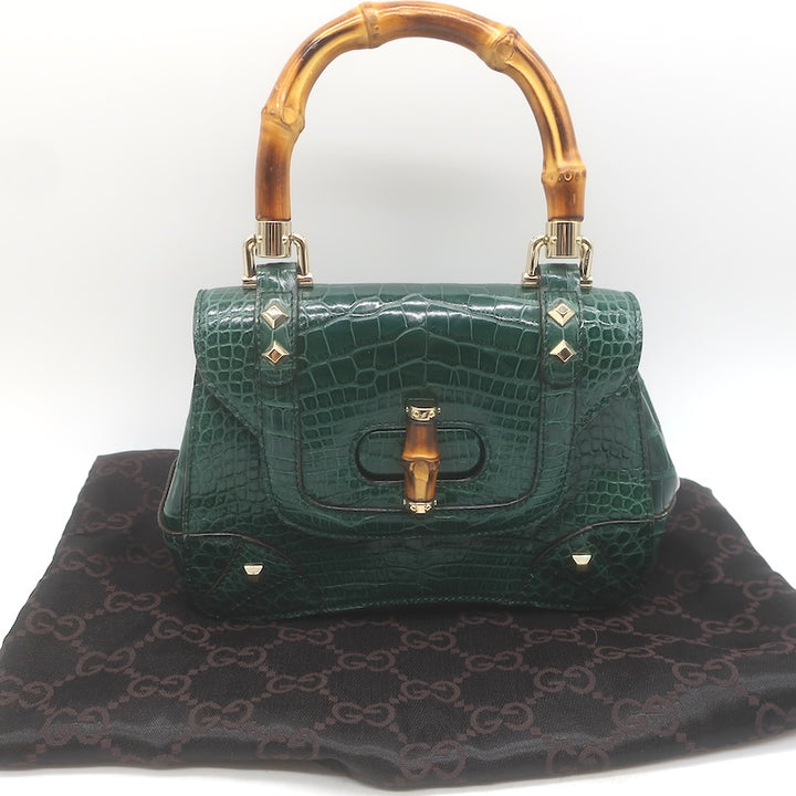 Gucci Crocodile Mini Bamboo Top Handle Bag Emerald
