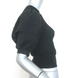 Ulla Johnson Rosalie puff-sleeve mixed-media top in black stretch-knit, authentic pre-owned luxury petite