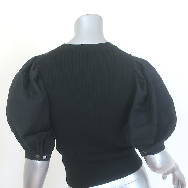 Ulla Johnson Rosalie puff-sleeve mixed-media top, black stretch knit, pre-owned luxury piece, size petite.