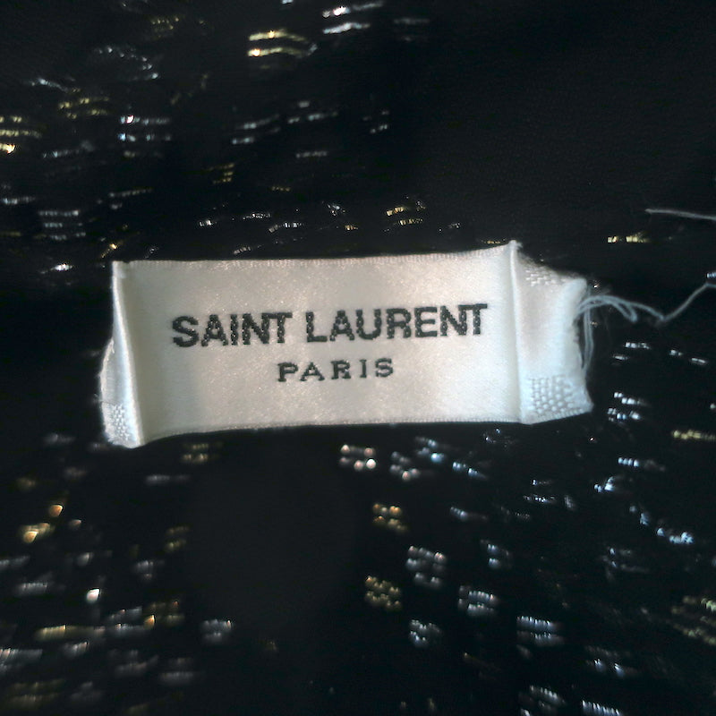 Yves Saint Laurent velvet polka-dot burnout blouse in black with silver metallic accents, pre-owned and authentic, size 38