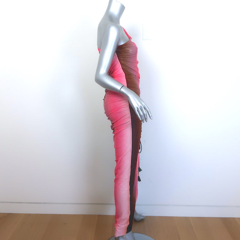 MISA Sirena One-Shoulder Ombre Mesh Midi Dress Pink/Green Size Small NEW