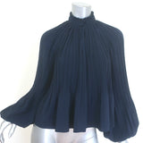Veronica Beard navy pleated blouse with blouson sleeves, authentic pre-owned and gently worn