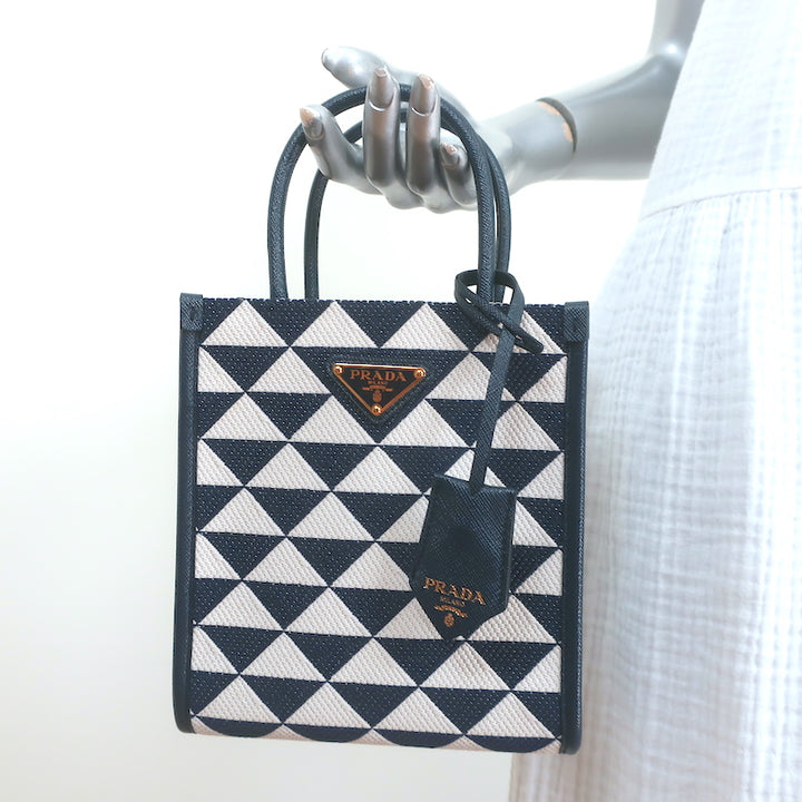Prada Symbole Mini Tote Baltic Blue/White Embroidered Jacquard Crossbody Bag NEW