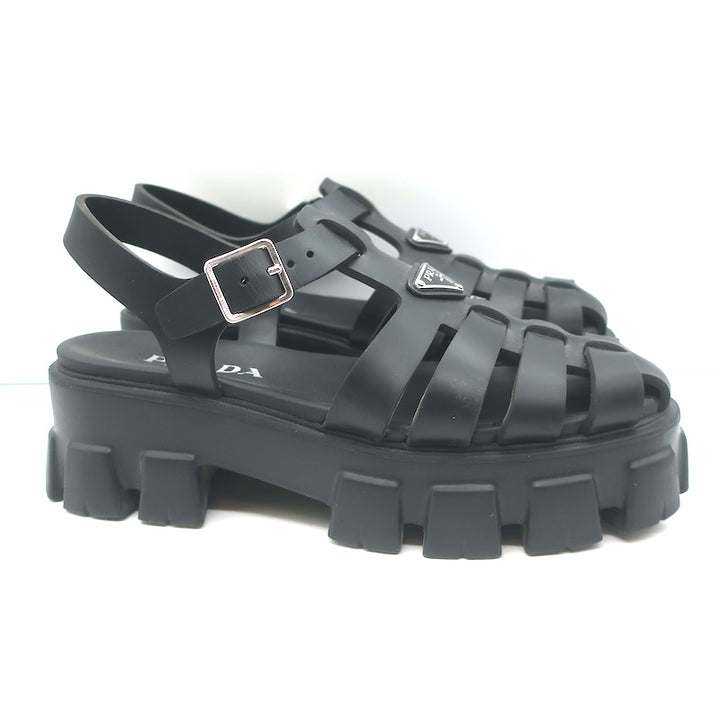 Prada Monolith Platform Sandals Black Rubber Size 41