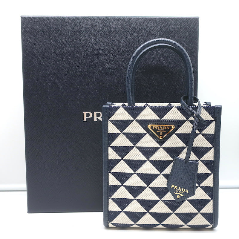 Prada Symbole Mini Tote Baltic Blue/White Embroidered