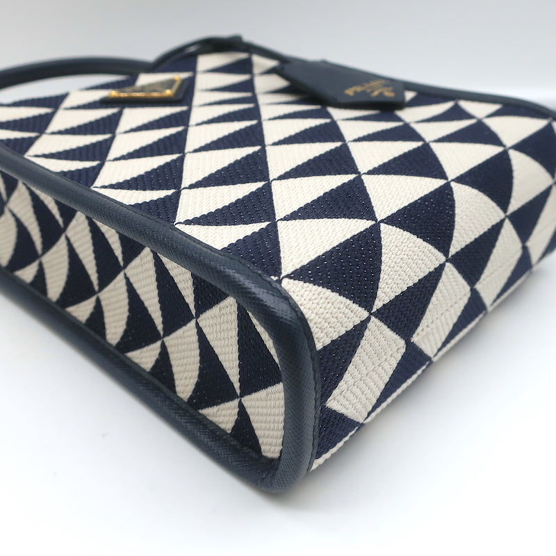 Prada Symbole Mini Tote Baltic Blue/White Embroidered Jacquard Crossbody Bag NEW