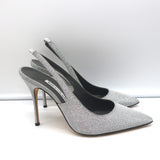 Manolo Blahnik Allura Glitter Slingback Pumps Silver Size 38.5 Pointed Toe Heels