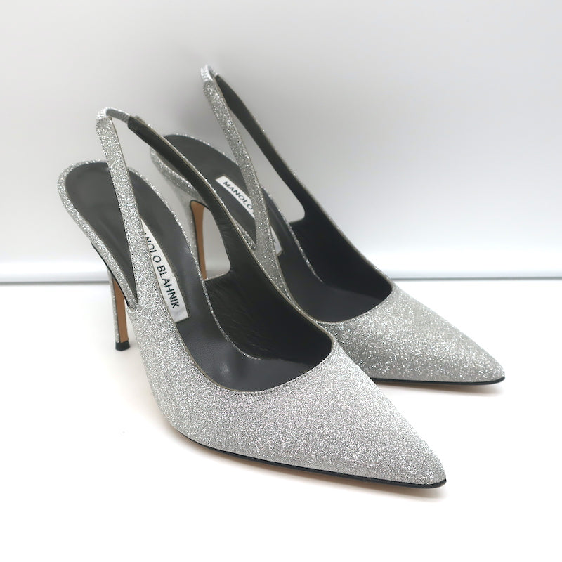 Manolo Blahnik Allura Glitter Slingback Pumps Silver Size 38.5