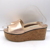 Jimmy Choo DeeDee Cork Platform Wedge Sandals Rose Gold Metallic Leather Size 38