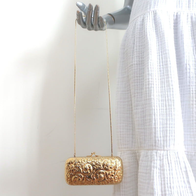 Judith Leiber Minaudiere Gold Floral Carved Metal Mini Crossbody Evening Bag