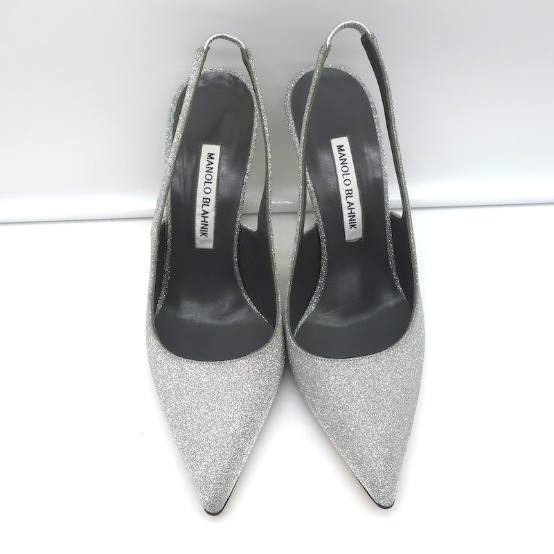 Manolo Blahnik Allura Glitter Slingback Pumps Silver Size 38.5 Pointed Toe Heels