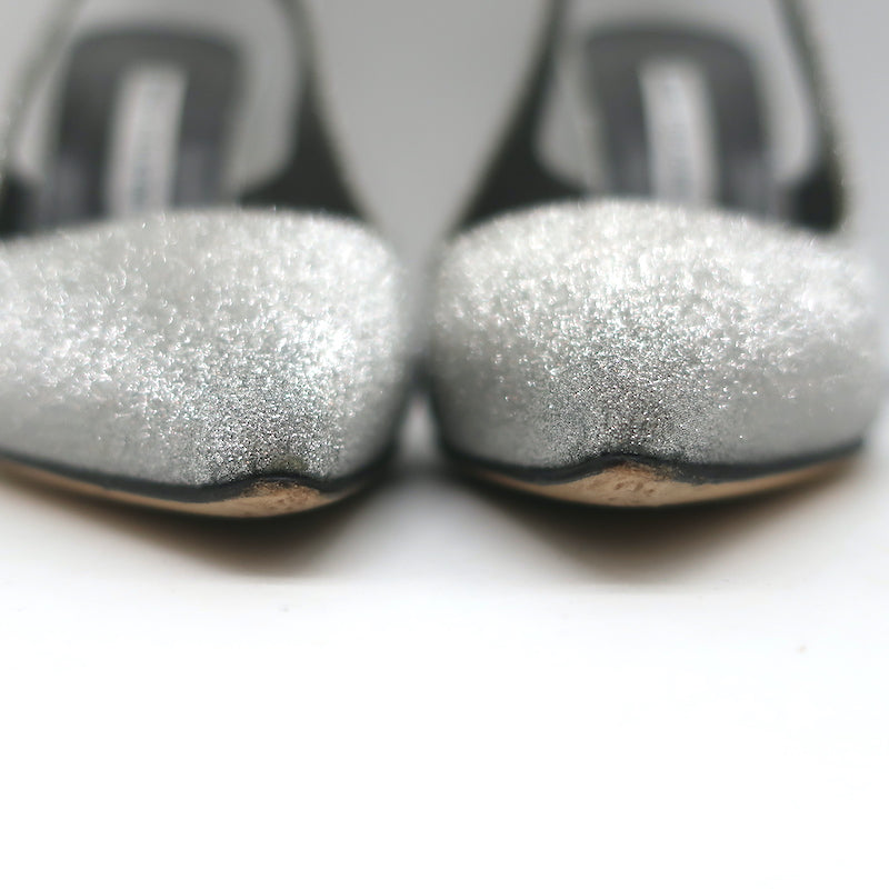 Manolo Blahnik Allura Glitter Slingback Pumps Silver Size 38.5 Pointed Toe Heels