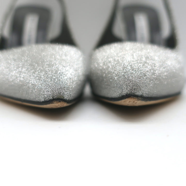 Manolo Blahnik Allura Glitter Slingback Pumps Silver Size 38.5 Pointed Toe Heels