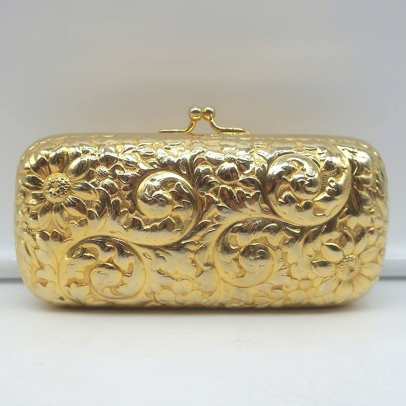 Judith Leiber Minaudiere Gold Floral Carved Metal Mini Crossbody Evening Bag