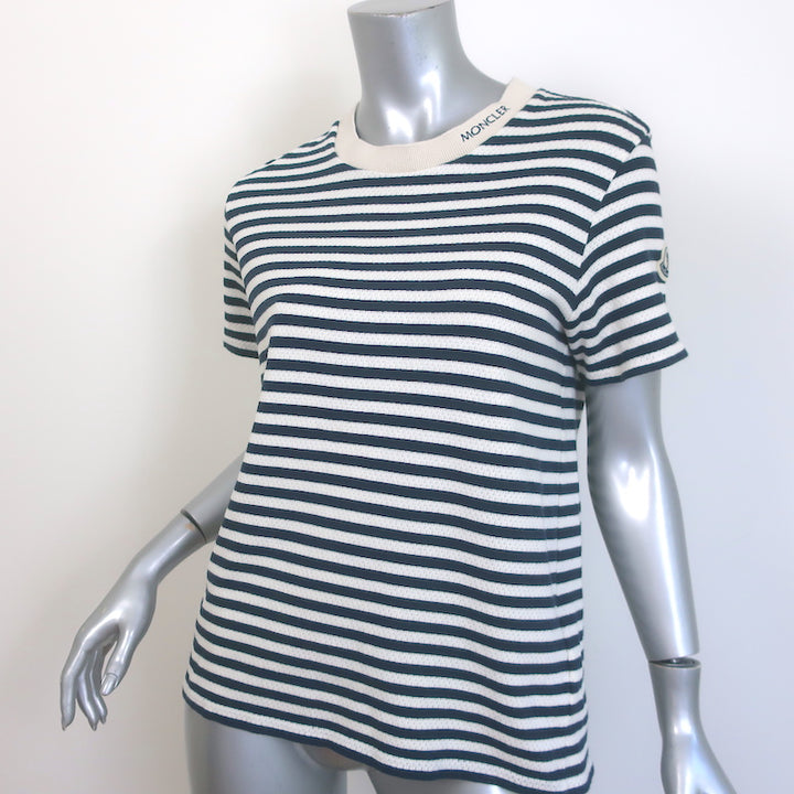 Moncler Striped Pointelle T-Shirt Cream/Navy Cotton Size Medium Short Sleeve Top