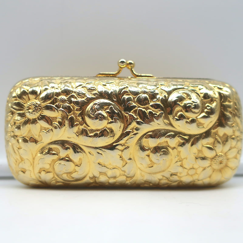 Judith Leiber Minaudiere Gold Floral Carved Metal Mini Crossbody Evening Bag