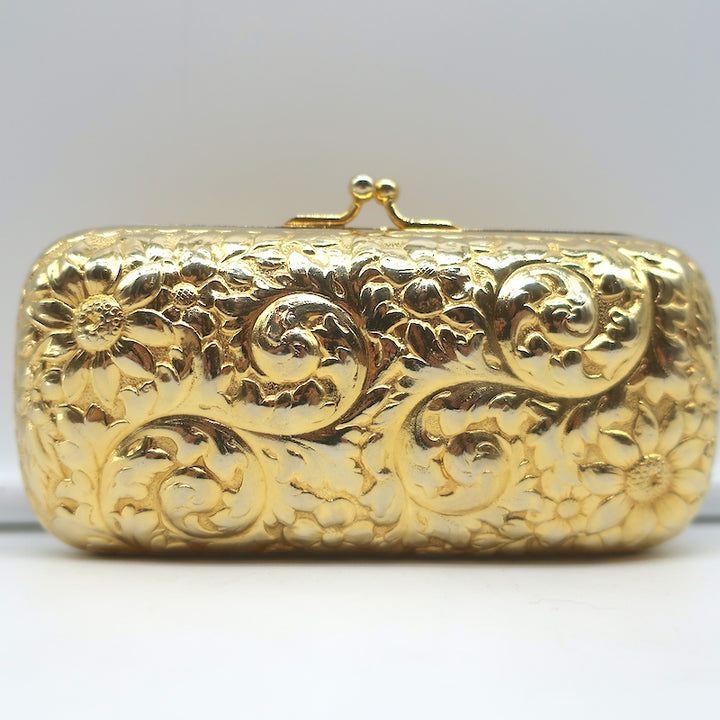Judith Leiber Minaudiere Gold Floral Carved Metal Mini Crossbody Evening Bag