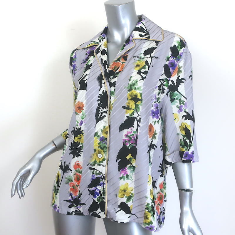 Off-White c/o Virgil Abloh floral striped satin bowling shirt in light gray, authentic pre-owned luxury piece