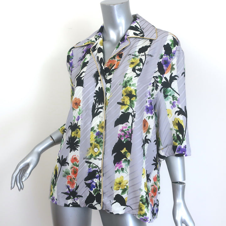 Off-White c/o Virgil Abloh floral striped satin bowling shirt in light gray, authentic pre-owned luxury piece