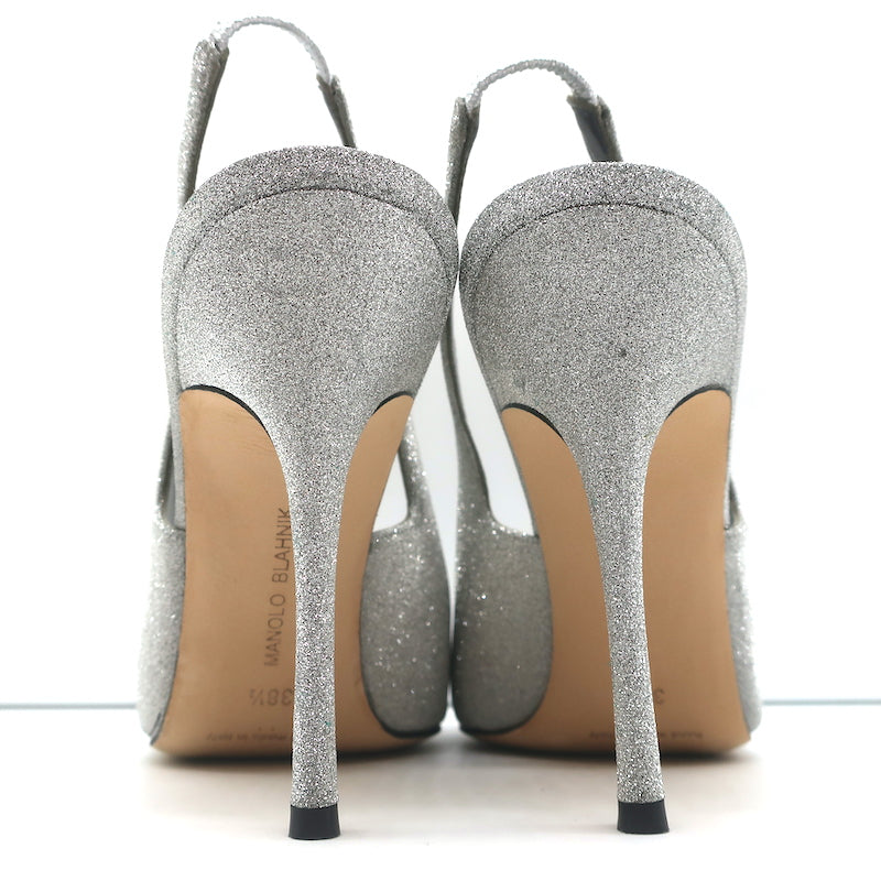 Manolo Blahnik Allura Glitter Slingback Pumps Silver Size 38.5 Pointed Toe Heels