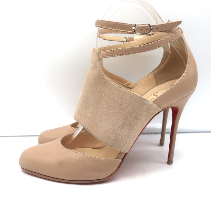 Christian Louboutin Trotter 100 Ankle Strap Pumps Beige Leather &amp; Suede Size 38