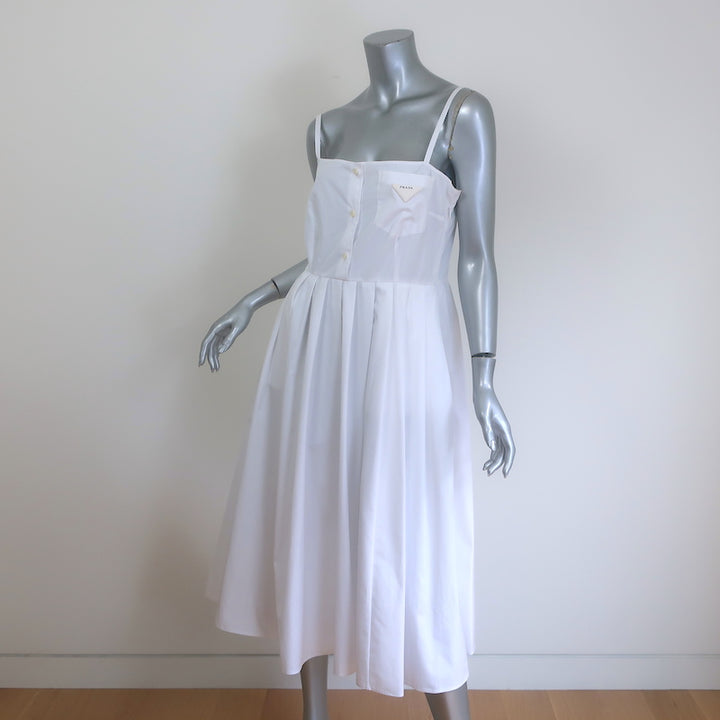 Prada Convertible Pleated Midi Dress White Cotton Poplin Size 40 NEW