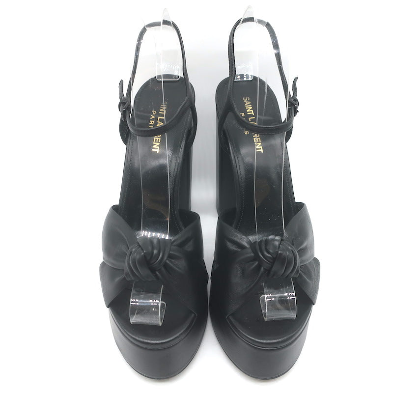 Saint Laurent Bianca Knotted Leather Platform Ankle Strap Sandals Black Size 38