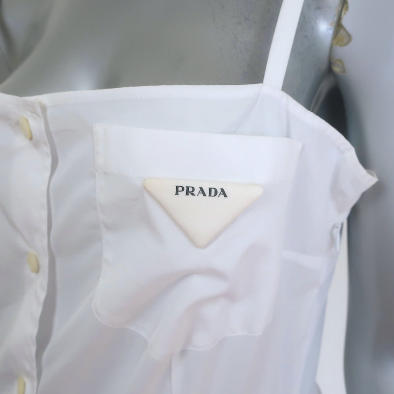 Prada Convertible Pleated Midi Dress White Cotton Poplin Size 40 NEW