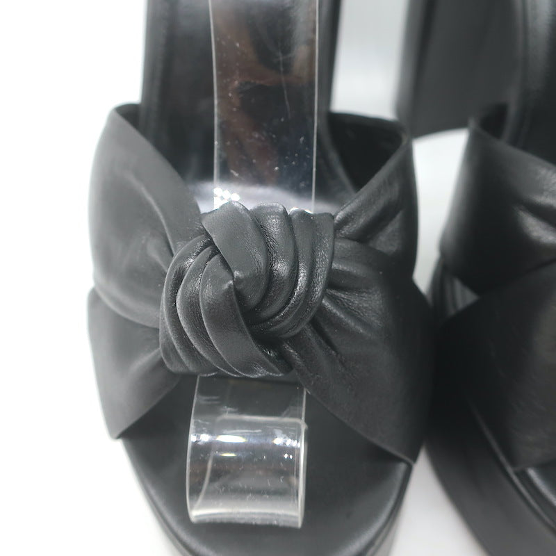 Saint Laurent Bianca Knotted Leather Platform Ankle Strap Sandals Black Size 38