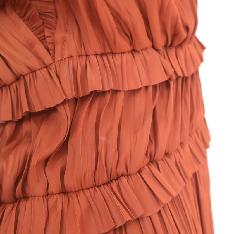 Ulla Johnson Bella Flutter Sleeve Midi Dress Rust Plisse Satin Size 2