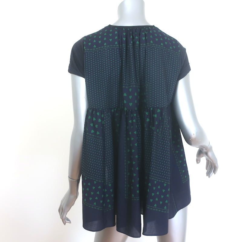 Sacai Luck cap-sleeve tiered-back tee in black linen-blend with heart print, authentic pre-owned and gently worn.