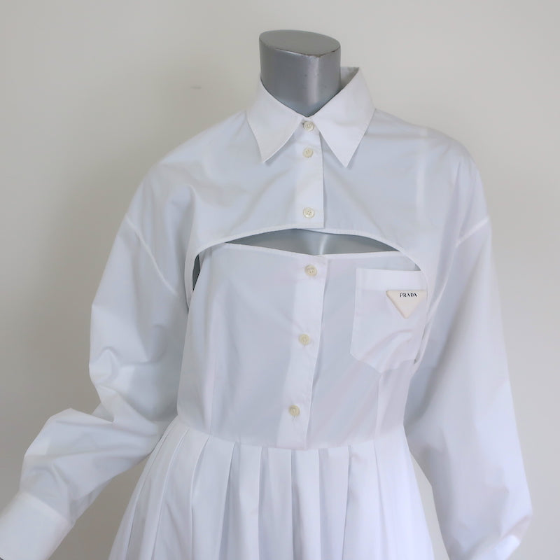 Prada Convertible Pleated Midi Dress White Cotton Poplin Size 40 NEW