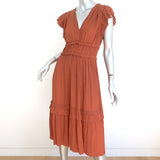 Ulla Johnson Bella Flutter Sleeve Midi Dress Rust Plisse Satin Size 2