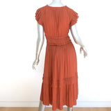 Ulla Johnson Bella Flutter Sleeve Midi Dress Rust Plisse Satin Size 2